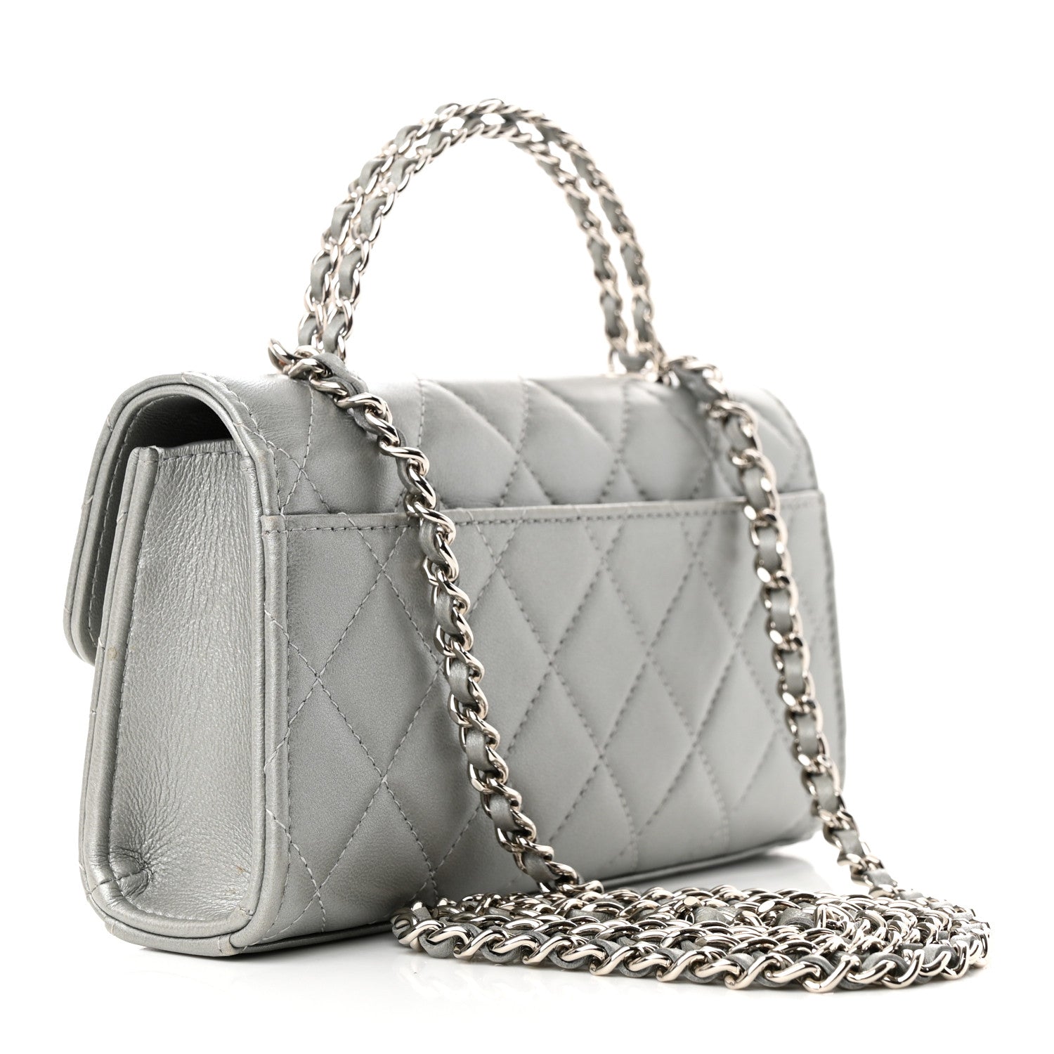 Chanel Lambskin Quilted Chain Top Handle Phone Holder With Chain Silver 3 of 14