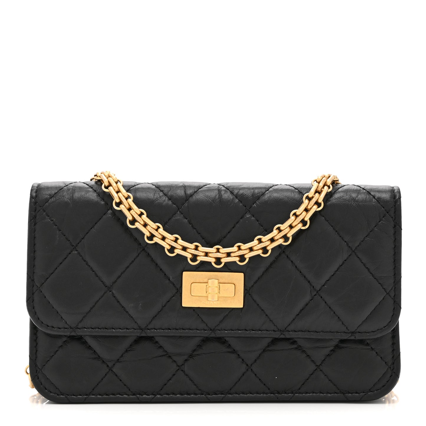 Aged Calfskin Quilted Reissue Flap Phone Holder With Chain Black