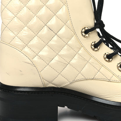Chanel Shiny Calfskin Quilted Lace Up Combat Boots 37.5 Ivory Black 8 of 9