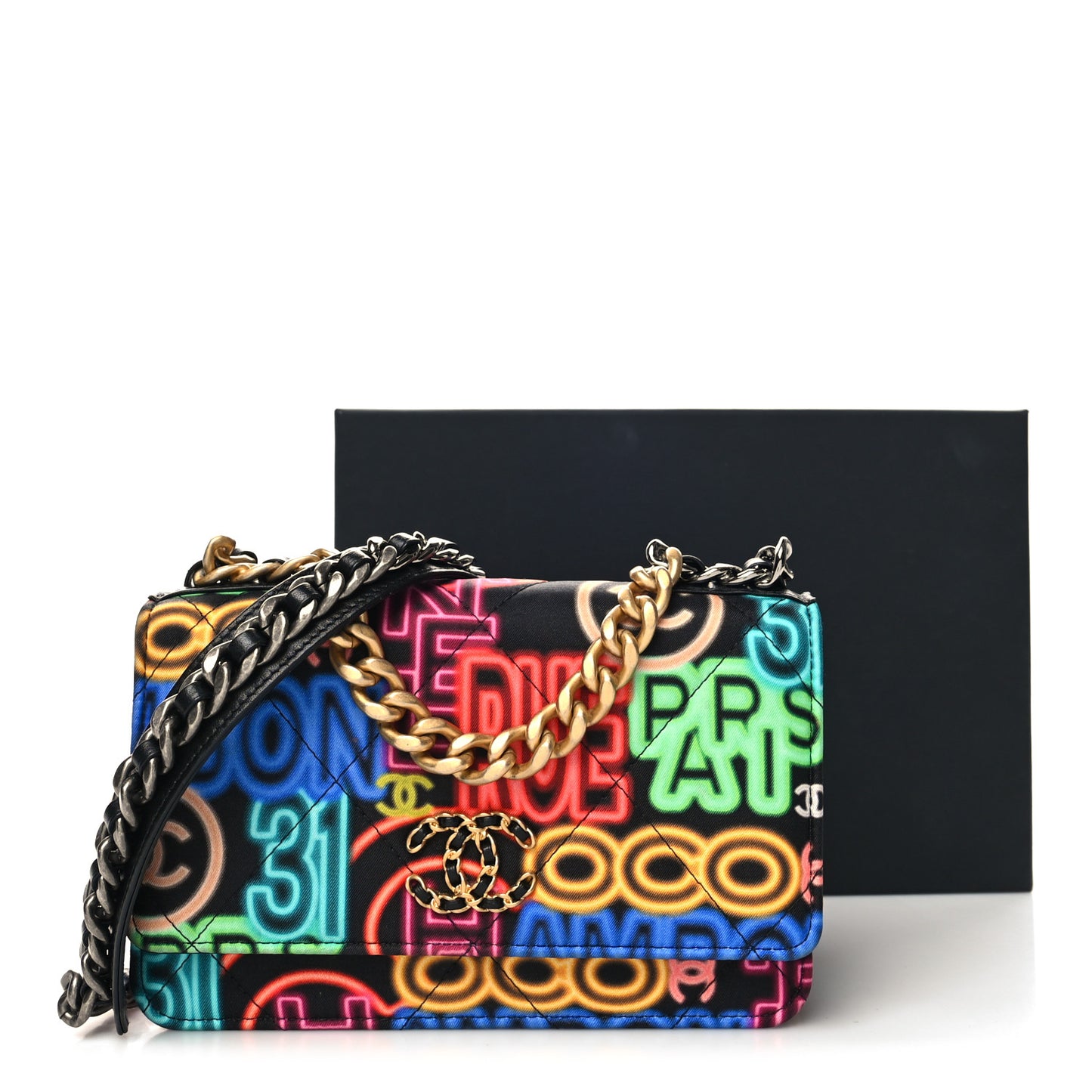 Fabric Printed Chanel 19 Wallet On Chain WOC Black Multicolor
