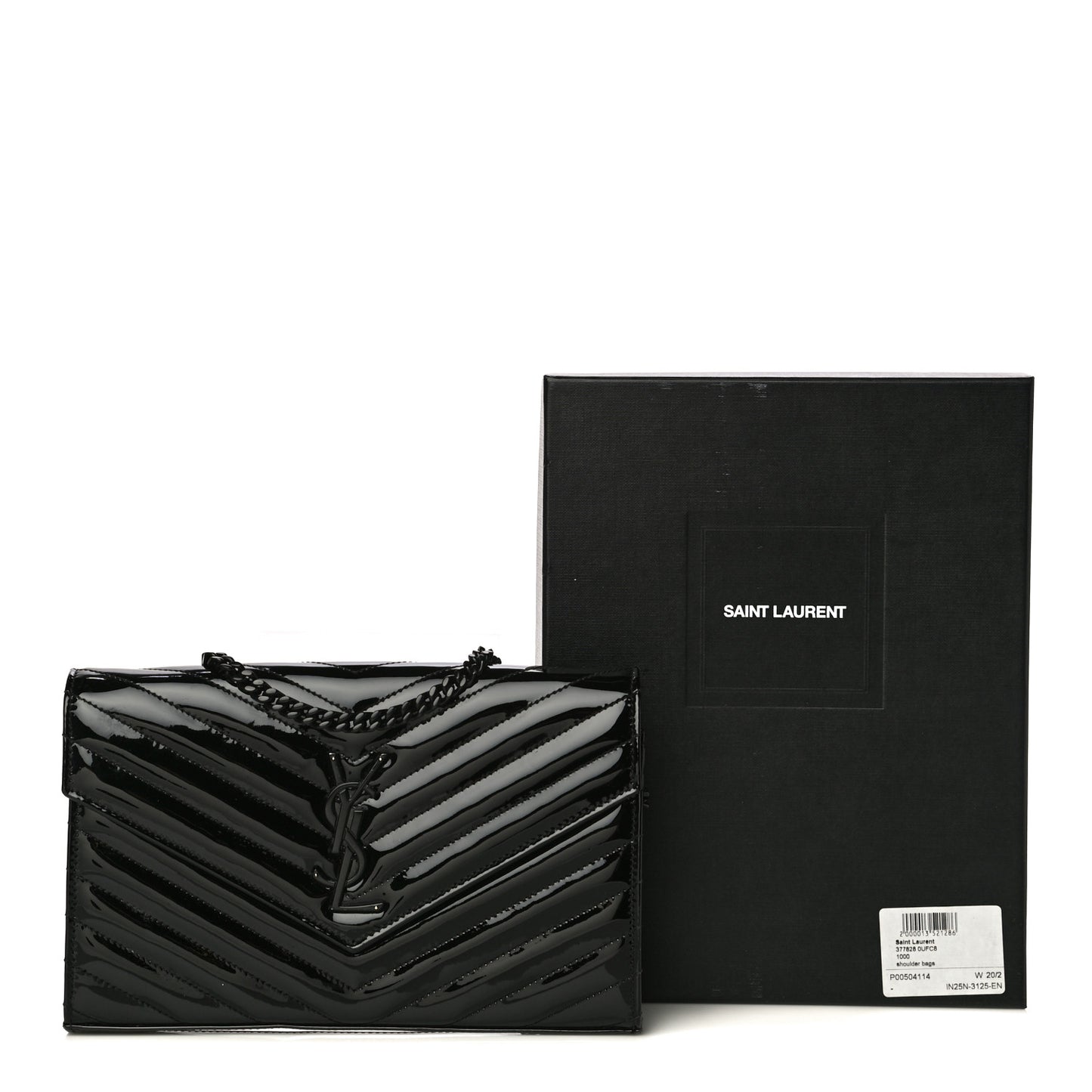 Patent Matelasse Chevron Monogram Chain Wallet Black
