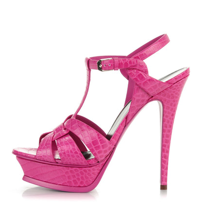 Saint Laurent Calfskin Crocodile Embossed Tribute 105 Platform Sandals 41 Fuchsia Heroine 1 of 8