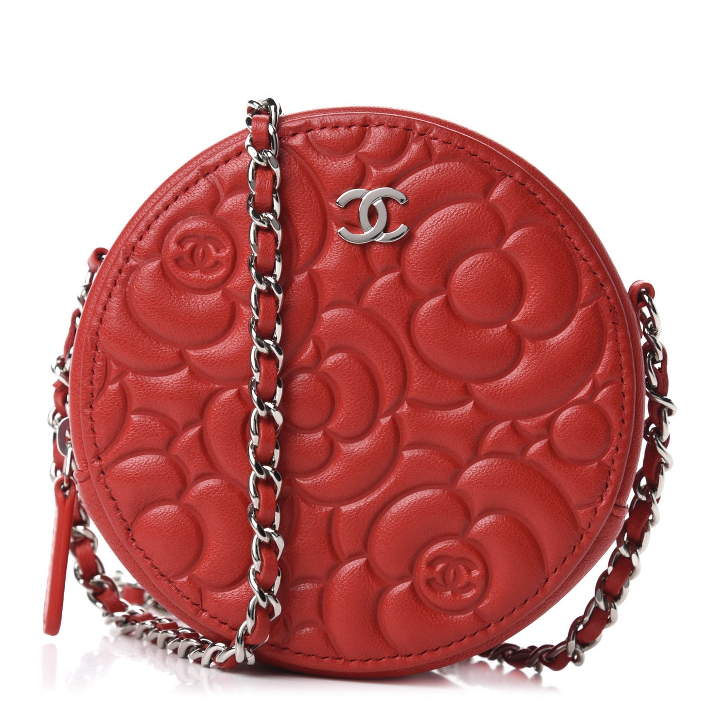 Goatskin Camellia Quilted Round Clutch With Chain Red