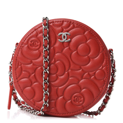 Chanel Goatskin Camellia Quilted Round Clutch With Chain Red 1 of 10