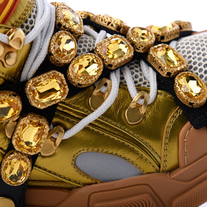Gucci X SEGA Metallic Calfskin Mesh Removable Crystals Womens Flashtrek Sneakers 39 Oro Vecchio Mystic White Silver 14 of 19
