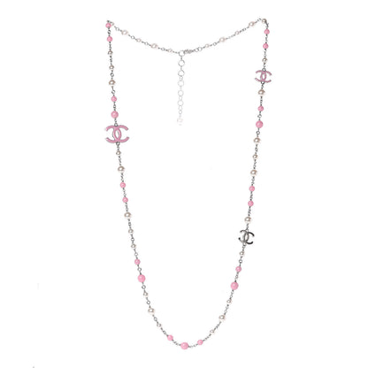 Chanel Pearl Beaded Enamel CC Long Necklace Silver Pink 3 of 6
