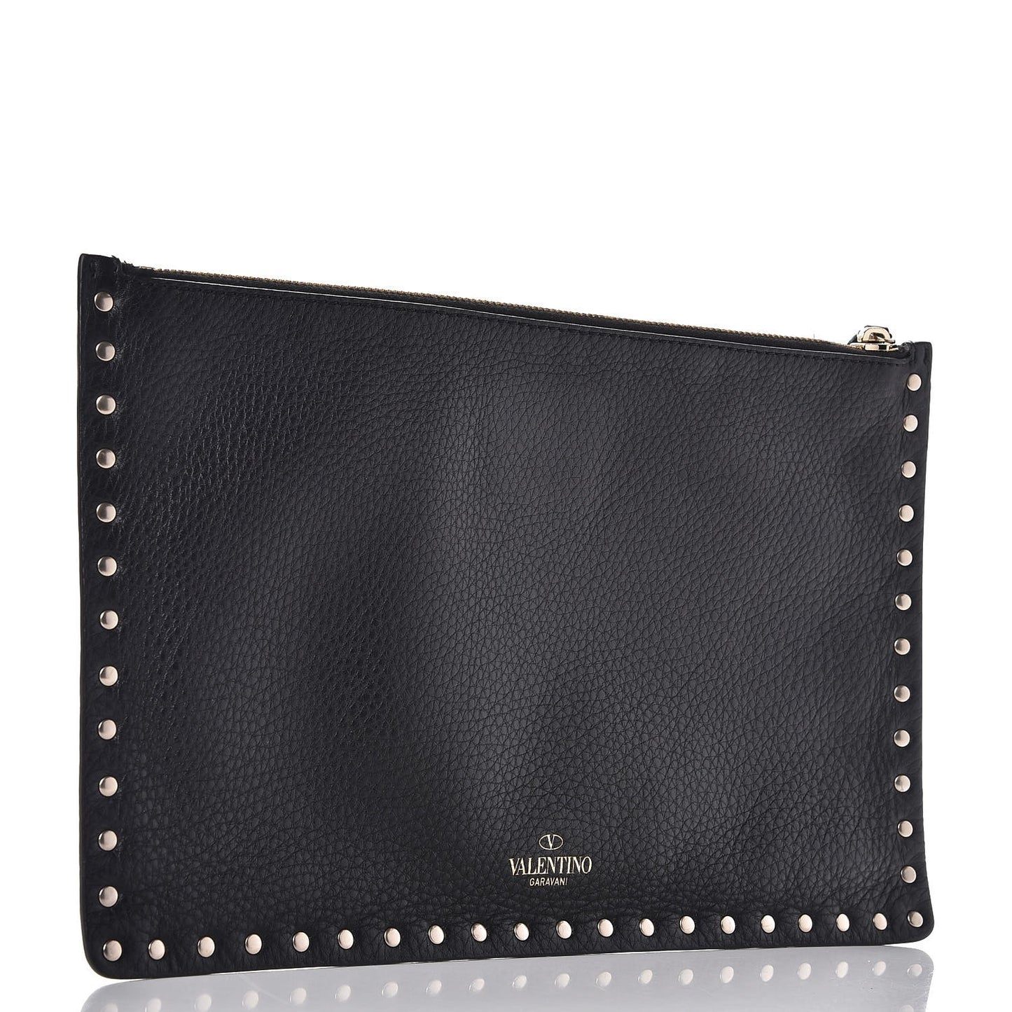Pebbled Calfskin Large Rockstud Zip Pouch Black