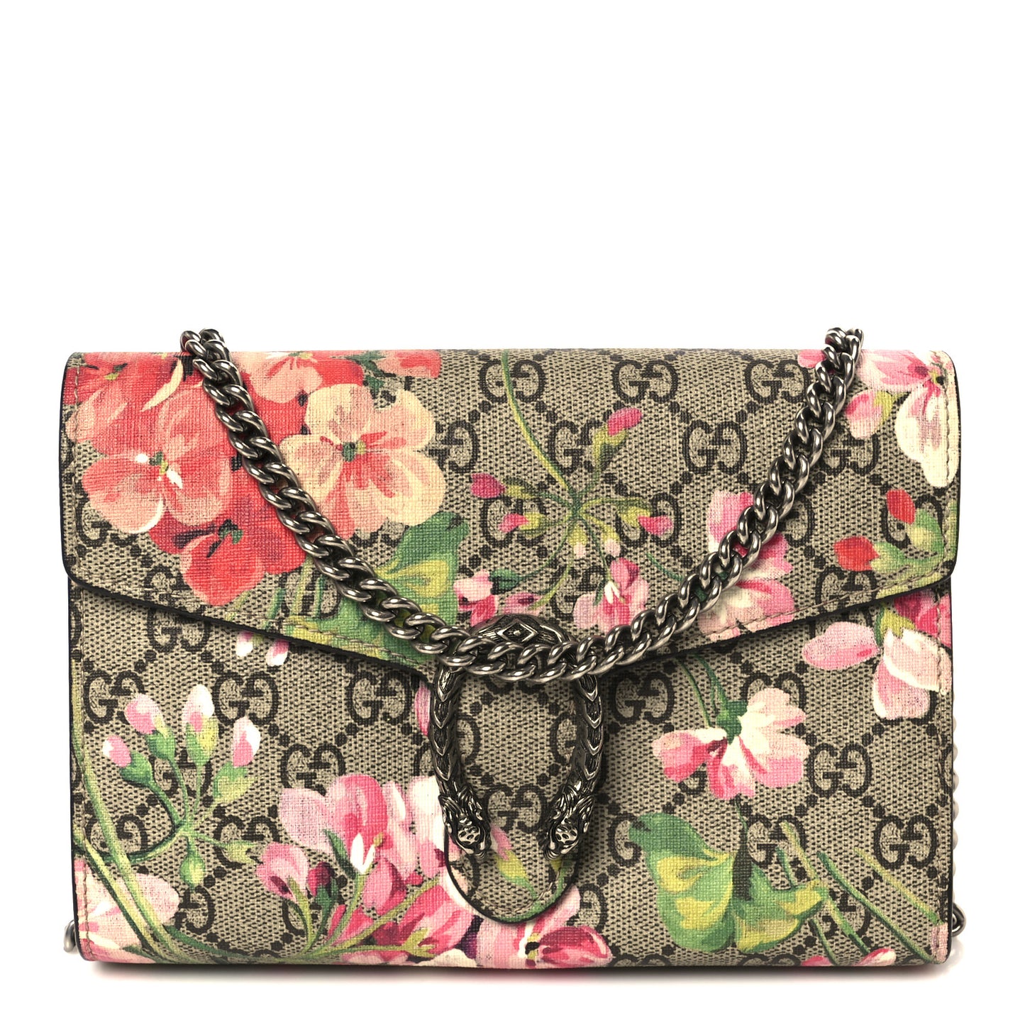 GG Supreme Monogram Blooms Mini Dionysus Chain Wallet Beige Multicolor Dry Rose