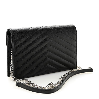 Saint Laurent Grain De Poudre Matelasse Chevron Monogram Envelope Chain Wallet Black 3 of 11