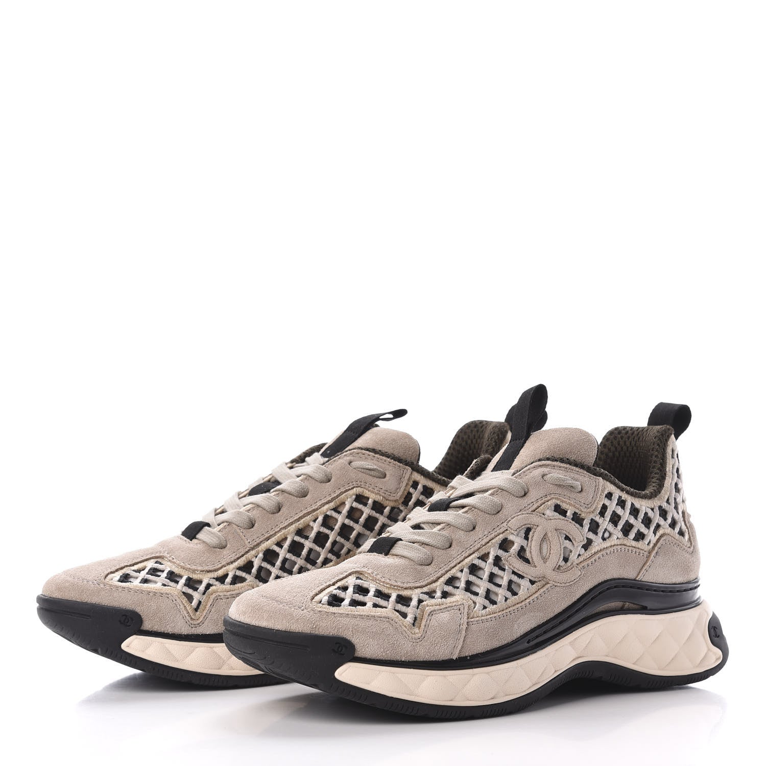 Chanel Suede Calfskin Embroidered CC Sneakers 39 Beige Black 2 of 8