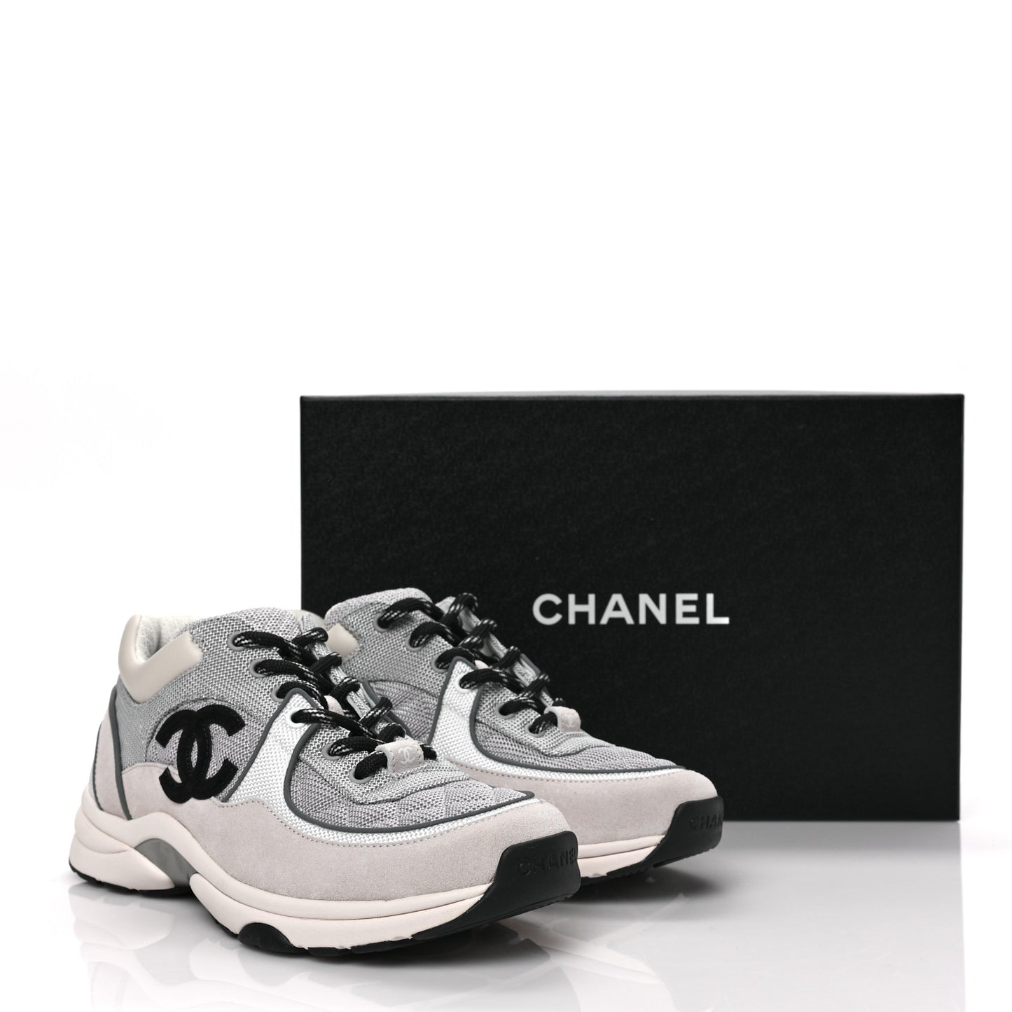 Nylon Calfskin Suede Womens CC Sneakers 38 Grey White
