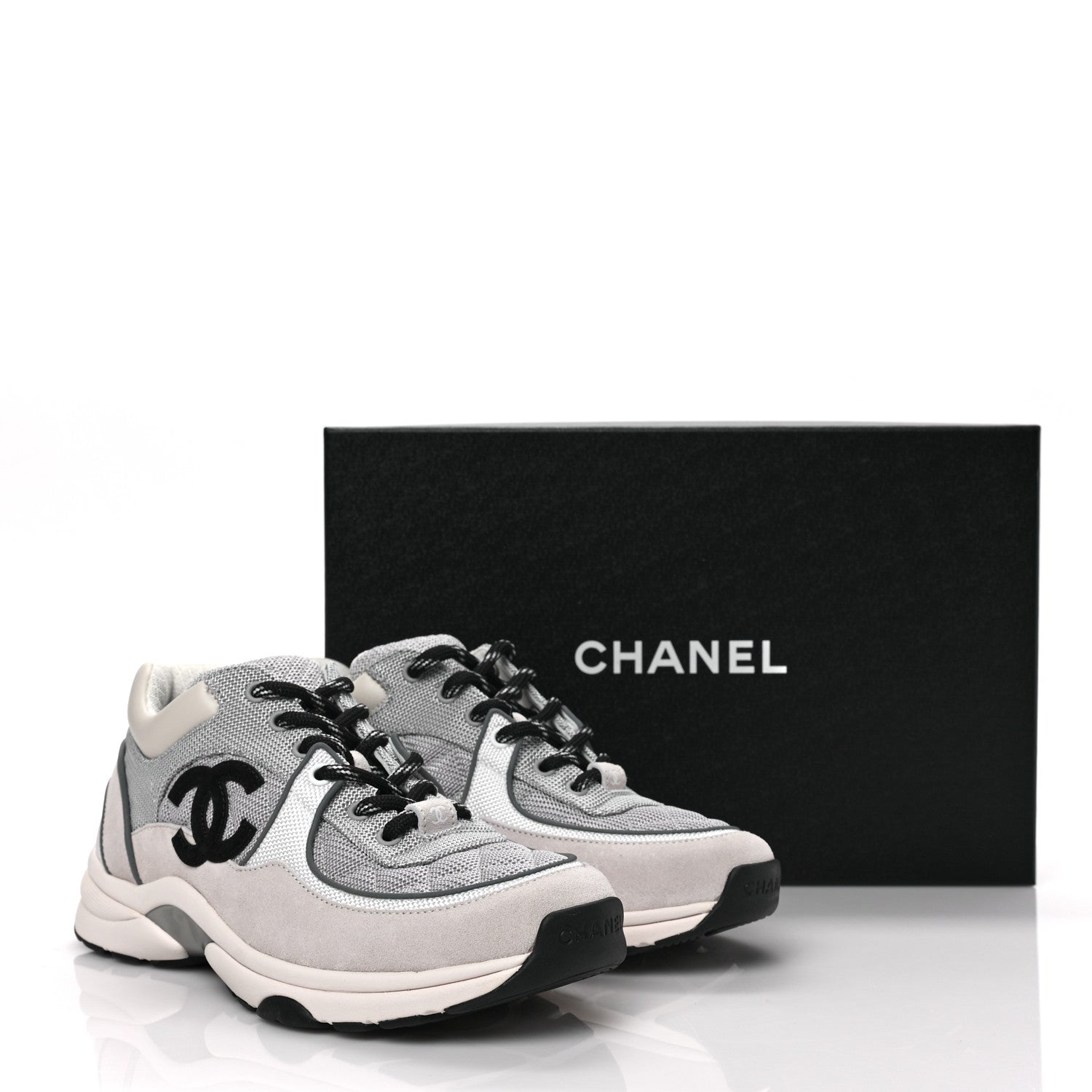 Chanel Nylon Calfskin Suede Womens CC Sneakers 38 Grey White 7 of 7
