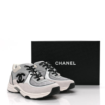 Chanel Nylon Calfskin Suede Womens CC Sneakers 38 Grey White 7 of 7