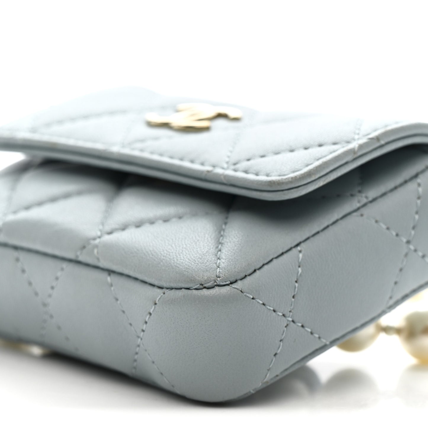 Lambskin Quilted Pearl Chain Belt Bag Light Blue