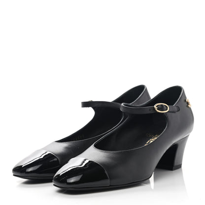 Chanel Patent Lambskin Cap Toe Mary Jane Mid Heel Strap Pumps 36 Black 6 of 20