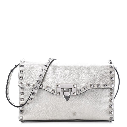 Valentino Garavani Metallic Pebbled Calfskin Medium Rockstud Flip Lock Crossbody Bag Silver 1 of 12