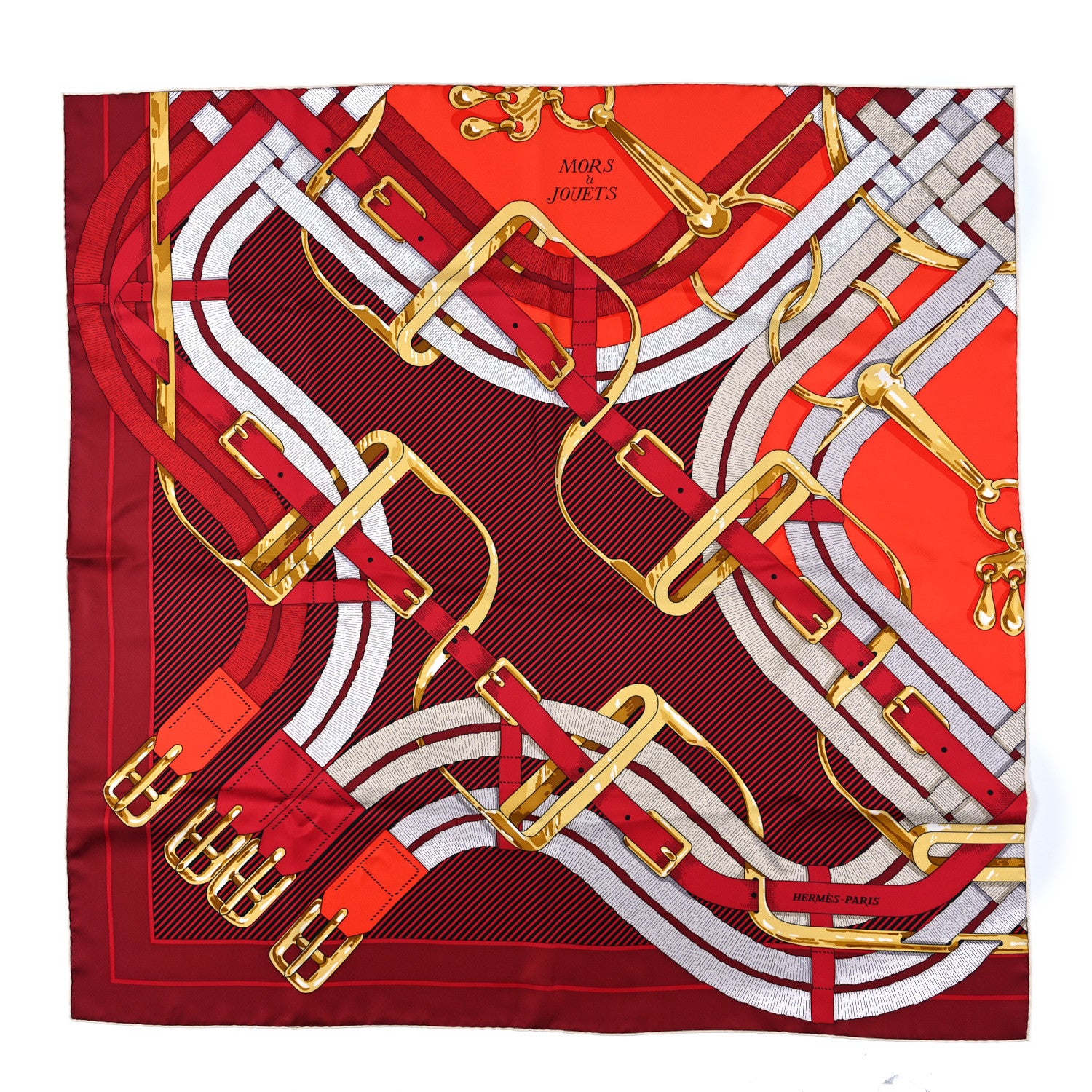 Hermes Silk Mors A Jouets Chemise Scarf 90 Bordeaux Orange Rouge 1 of 3