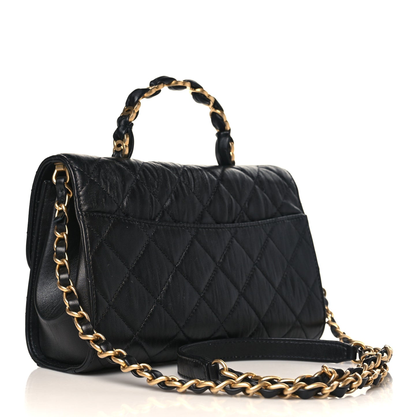 Crumpled Lambskin Quilted Mini CC Links Top Handle Flap Black