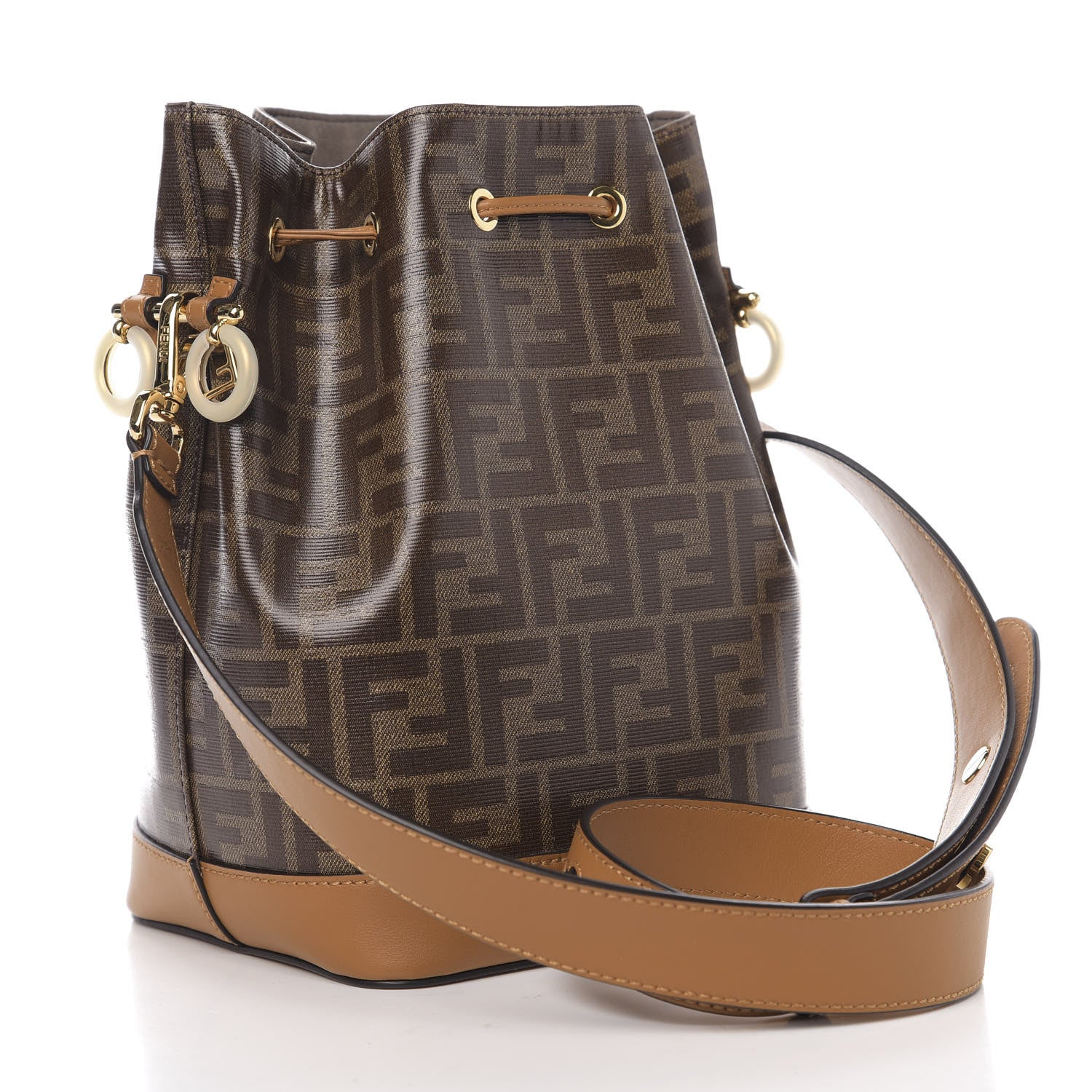 Fendi Glazed Fabric Vitello Grace F is Fendi FF 1974 Stamp Patch Grande Mon Tresor Bucket Bag Mogano Panna Nocciola 2 of 9