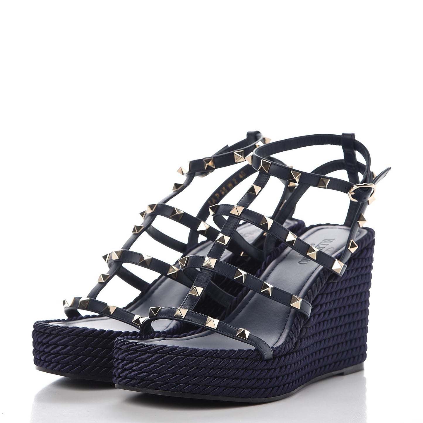 Calfskin Rockstud Ankle Strap Torchon Espadrille Caged Wedge Sandals 40 Navy