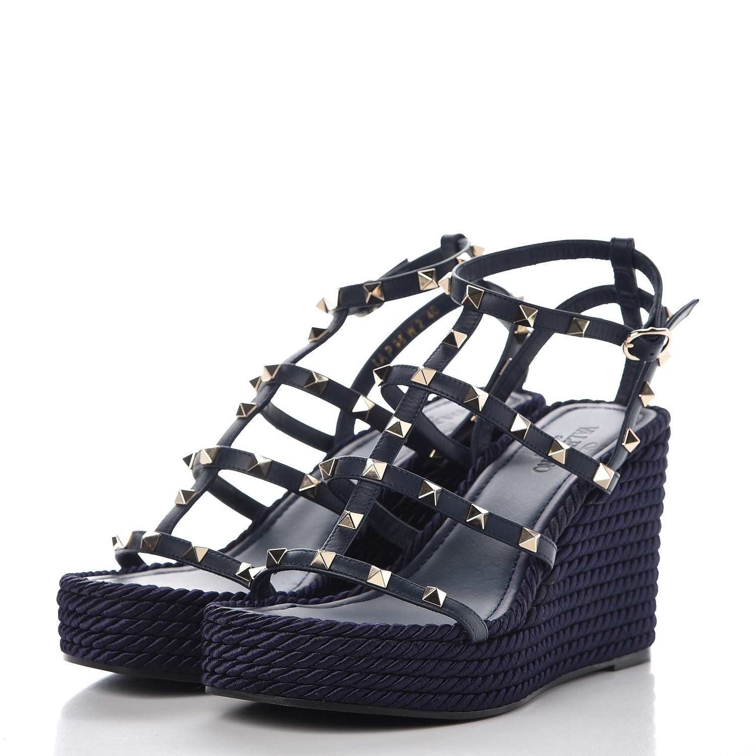 Valentino Garavani Calfskin Rockstud Ankle Strap Torchon Espadrille Caged Wedge Sandals 40 Navy 3 of 8