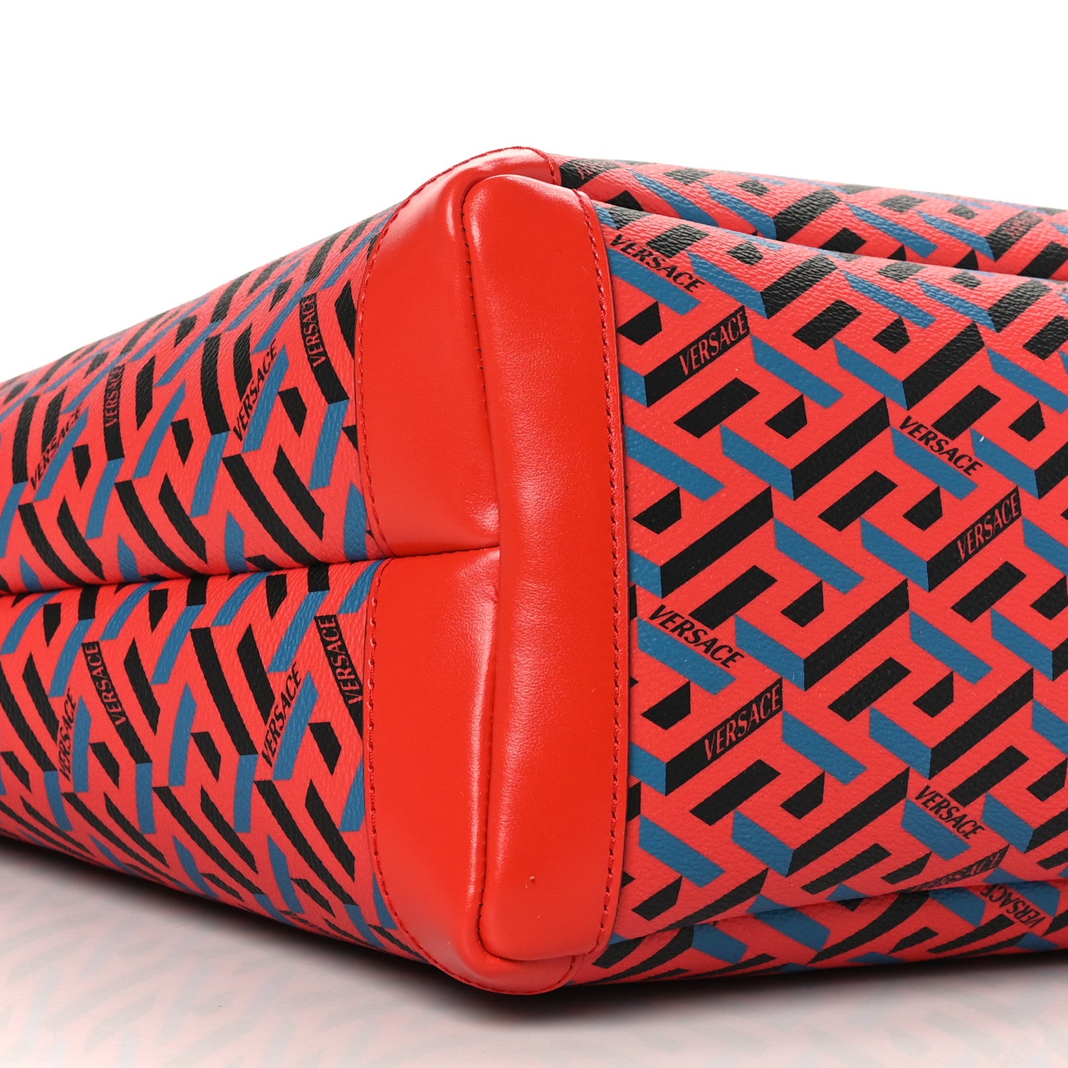 Versace Coated Canvas Calfskin La Greca Signature Shopper Tote Bag Blue Red 8 of 9