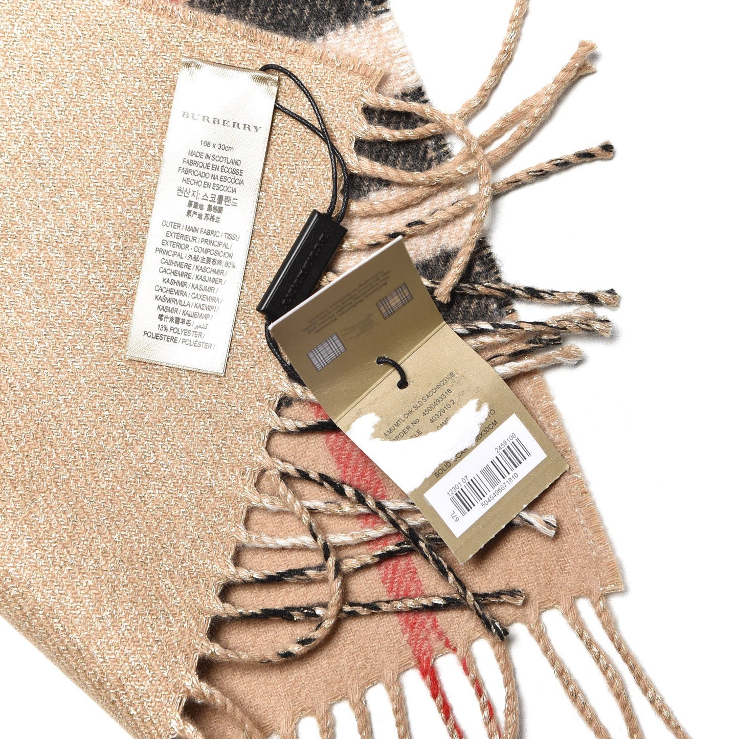 Metallic Cashmere Reversible Check Fringe Scarf Camel Gold