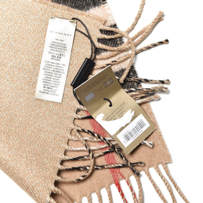 Burberry Metallic Cashmere Reversible Check Fringe Scarf Camel Gold 5 of 6