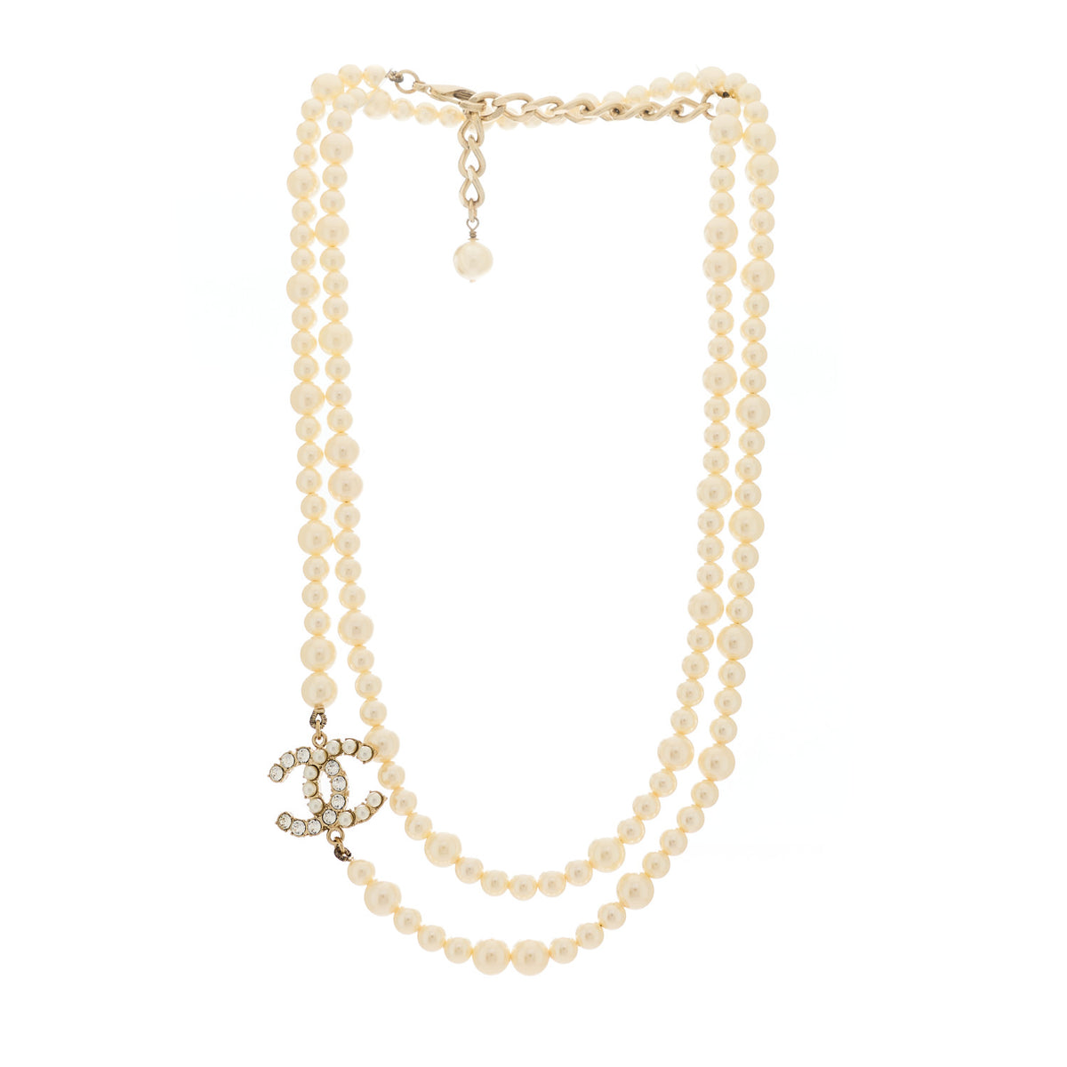 Pearl Baguette Crystal CC Long Necklace Gold