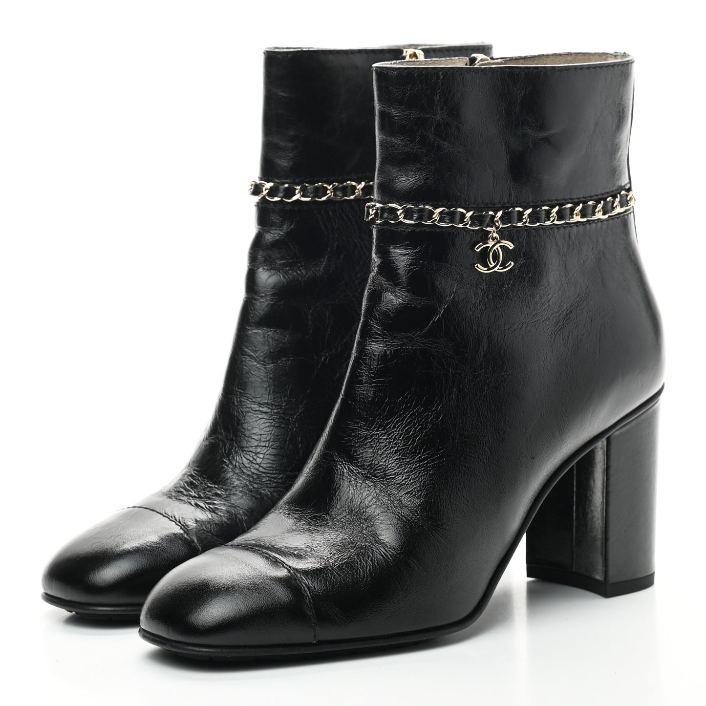 Crumpled Calfskin Cap Toe Chain Short Boots 40 Black