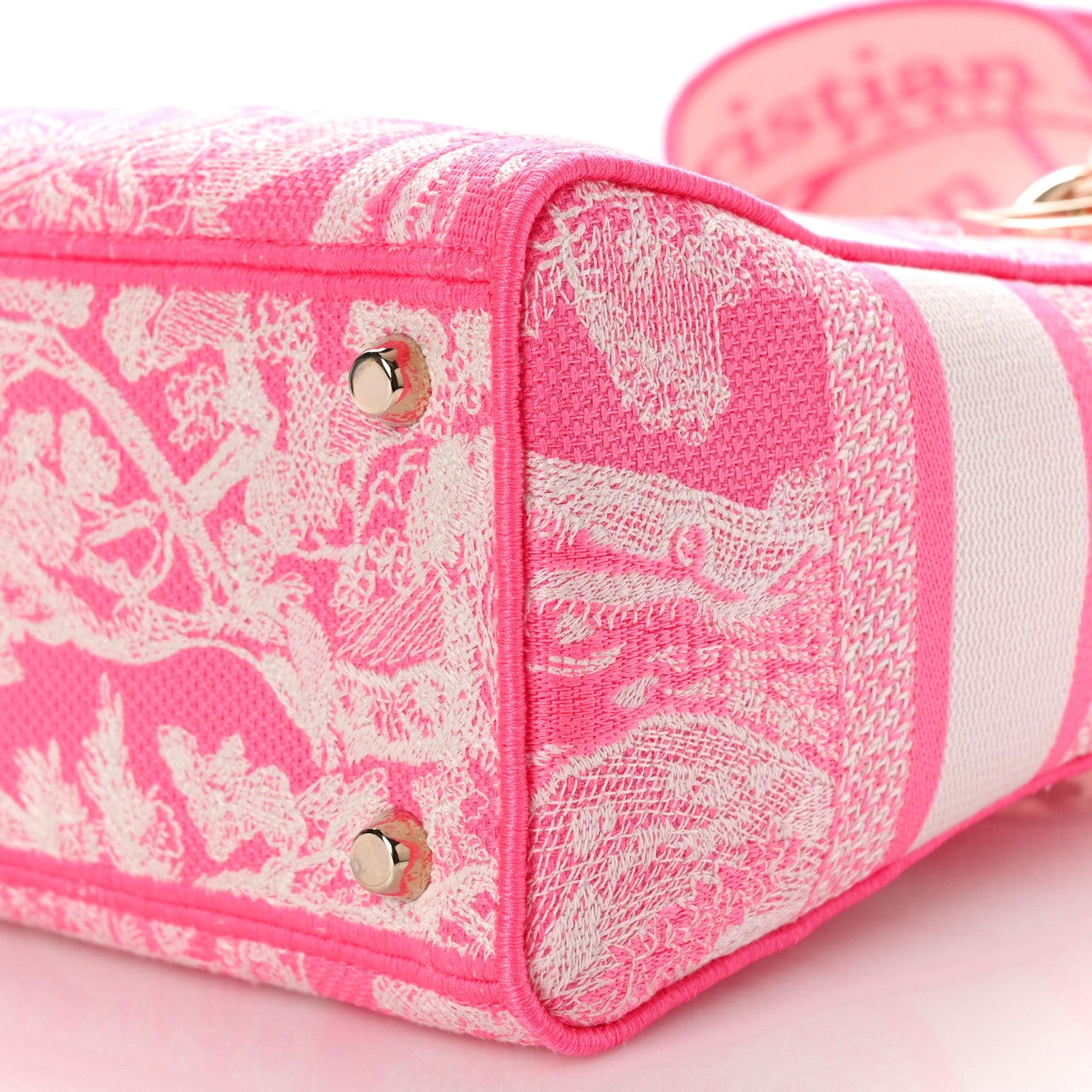 Christian Dior CHRISTIAN DIOR Canvas Toile De Jouy Reverse Embroidered Medium Lady D-Lite Fluorescent Pink 10 of 10