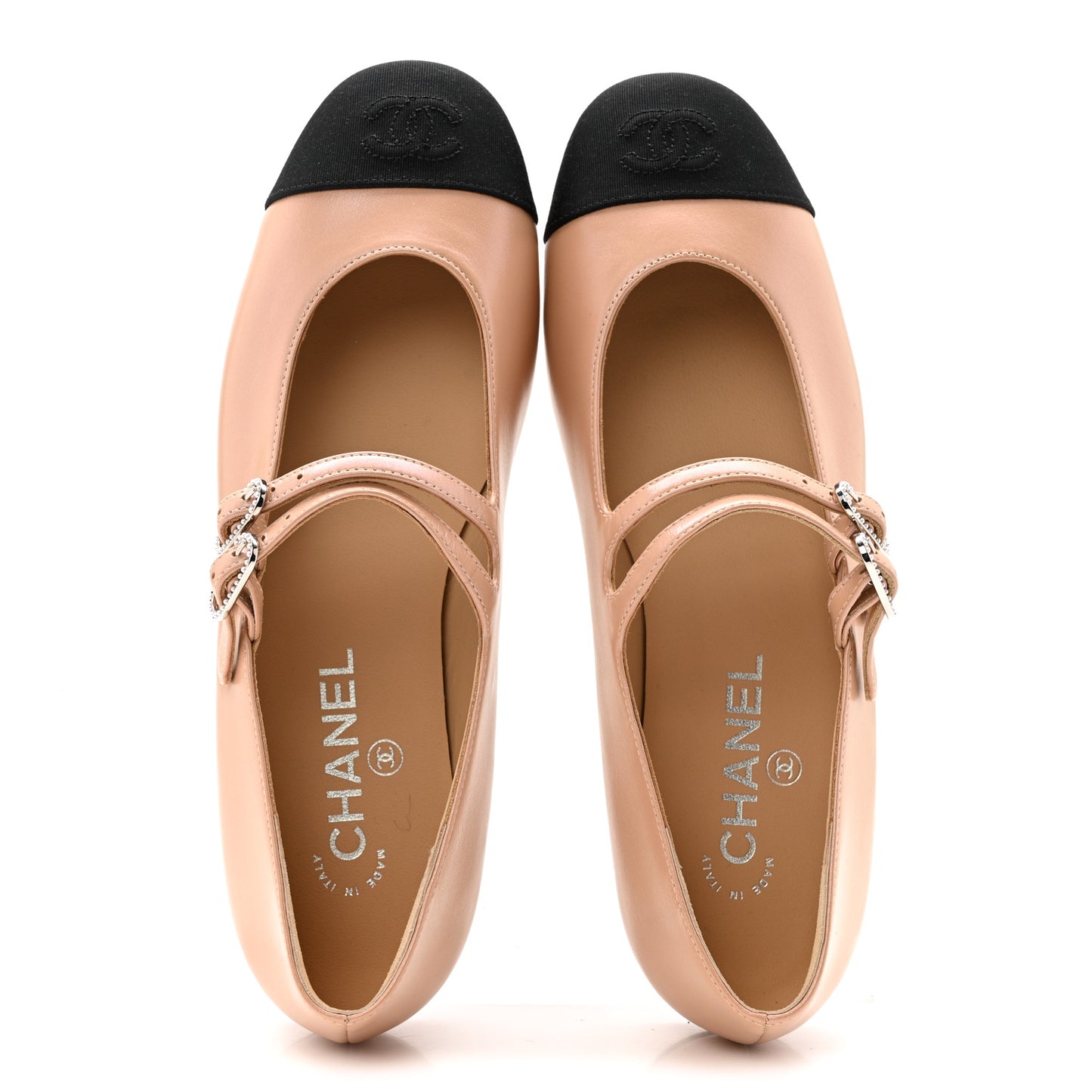 Lambskin Grosgrain Pearl Mary Jane Flats 38.5 Beige Black