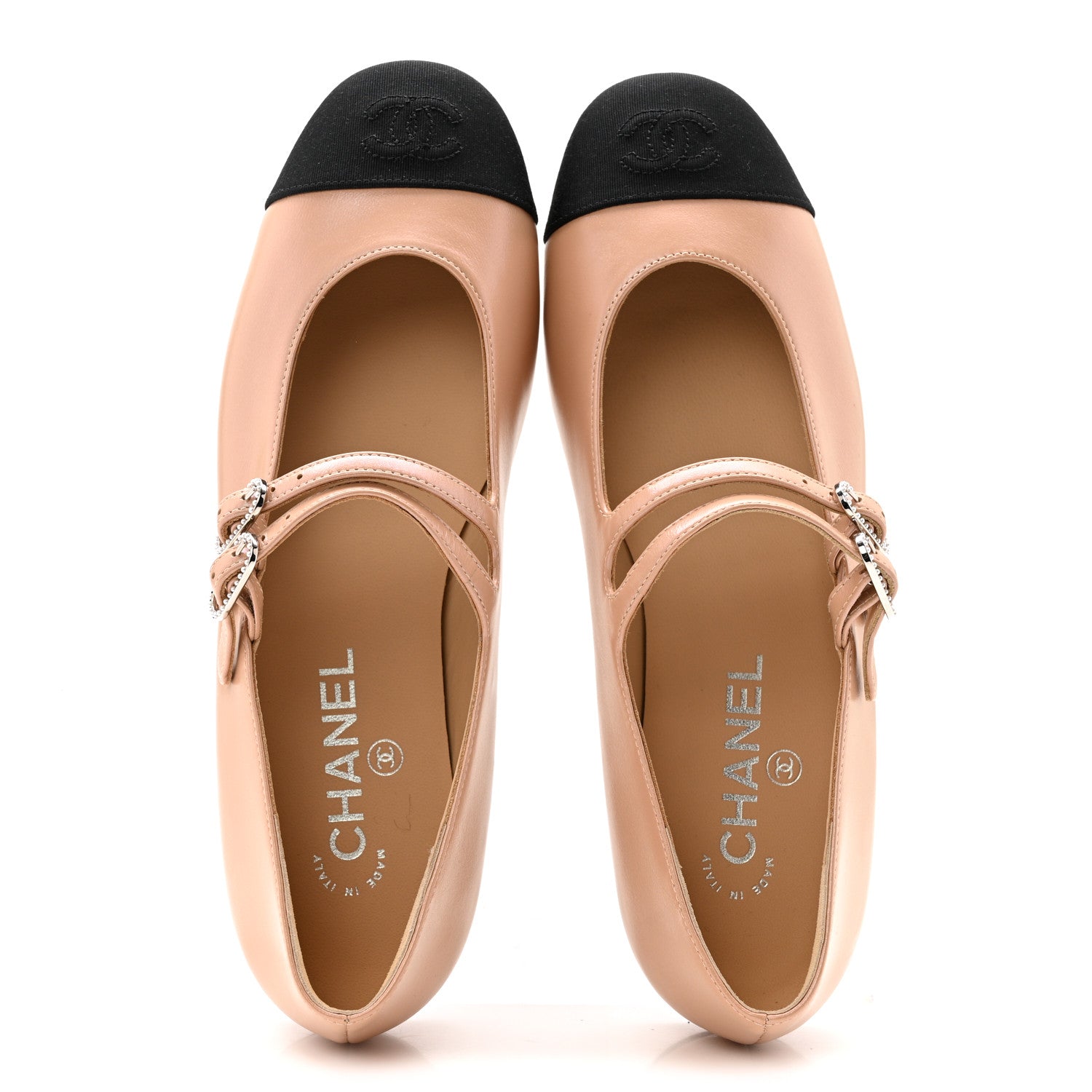 Chanel Lambskin Grosgrain Pearl Mary Jane Flats 38.5 Beige Black 2 of 10