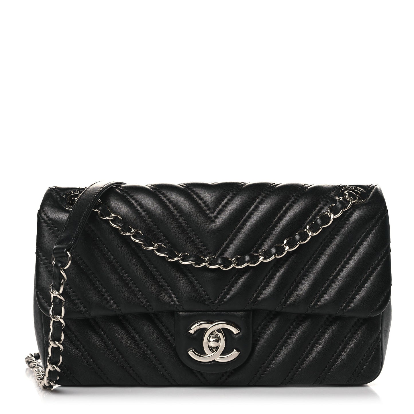 Lambskin Chevron Quilted Double Stitch Medium Single Flap Black