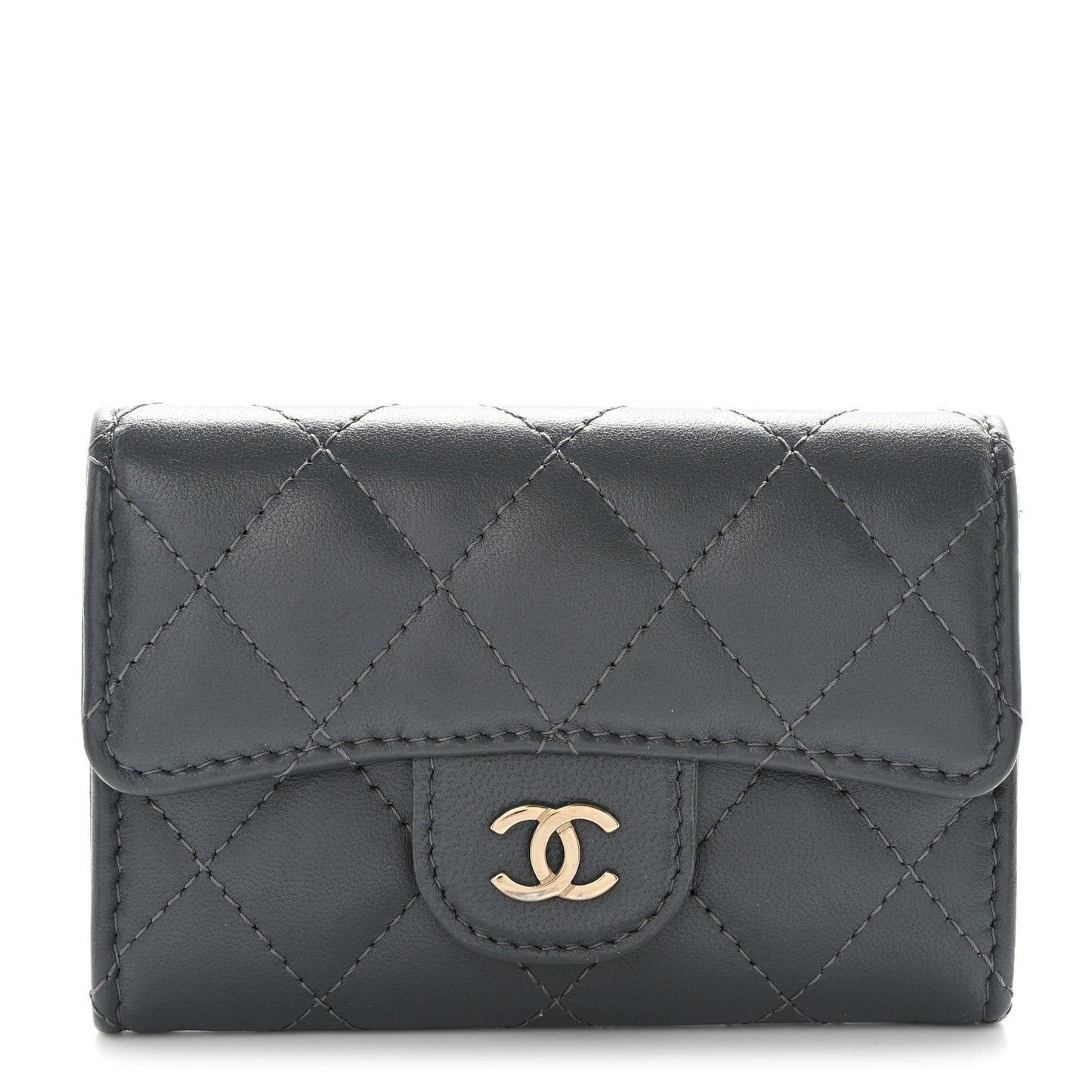 Lambskin Quilted Flap Card Holder Wallet Dark Grey