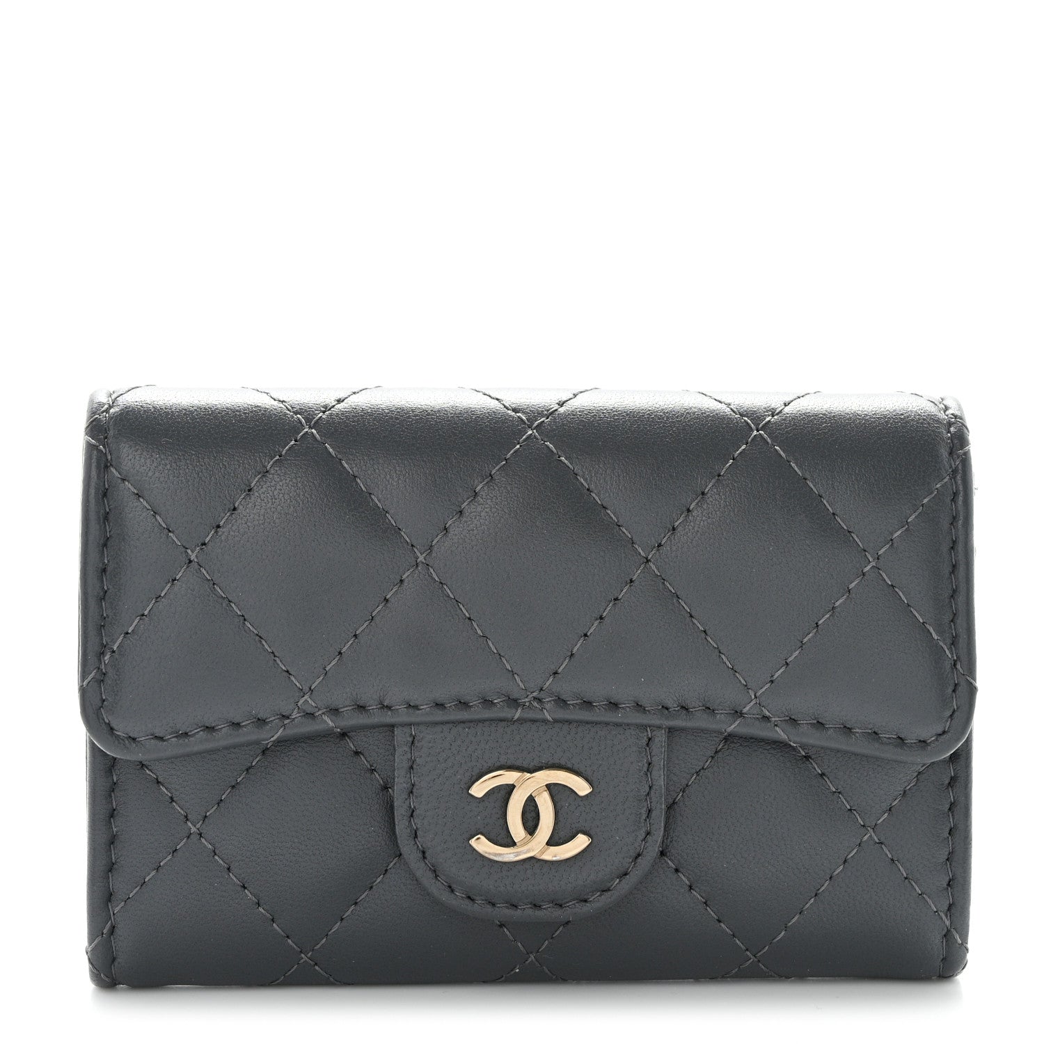 Chanel Lambskin Quilted Flap Card Holder Wallet Dark Grey 1 of 9