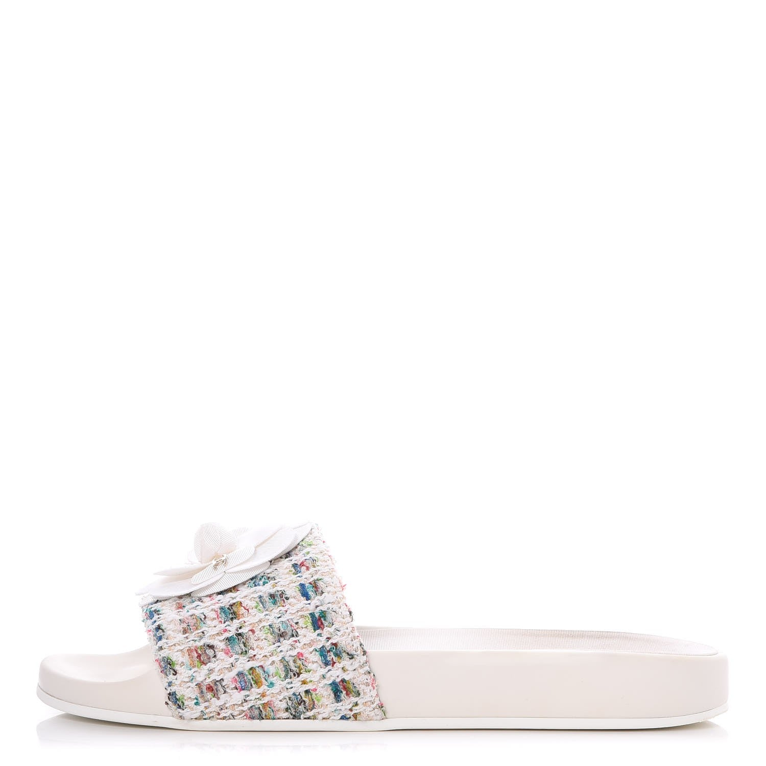 Chanel Tweed Grosgrain Camellia Flat Sandals 39 Ivory Ecru Green 1 of 9
