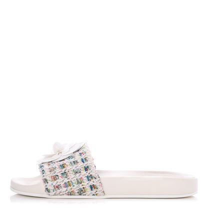 Chanel Tweed Grosgrain Camellia Flat Sandals 39 Ivory Ecru Green 1 of 9