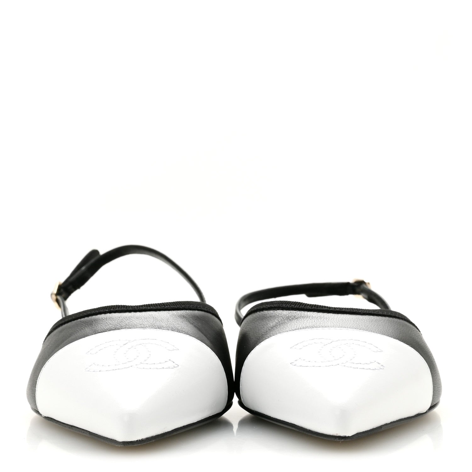 Chanel Iridescent Lambskin Cap Toe CC Slingback Flats 37 Black White 3 of 10
