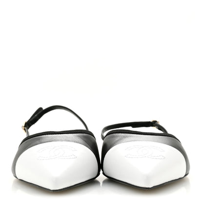 Chanel Iridescent Lambskin Cap Toe CC Slingback Flats 37 Black White 3 of 10