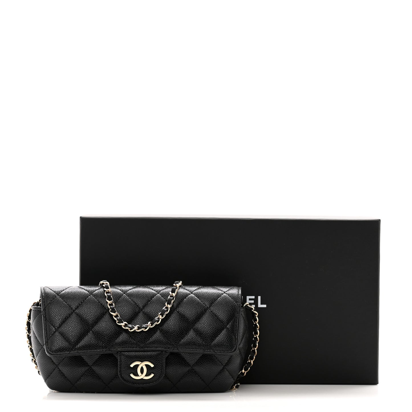 Caviar Quilted Glasses Case With Chain Black