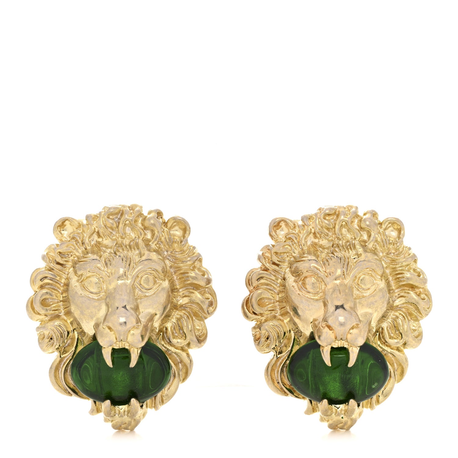 Gucci Crystal Lion Head Clip On Earrings Aged Gold Green 1 of 4