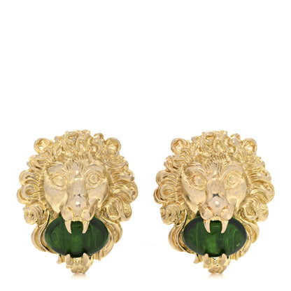 Gucci Crystal Lion Head Clip On Earrings Aged Gold Green 1 of 4