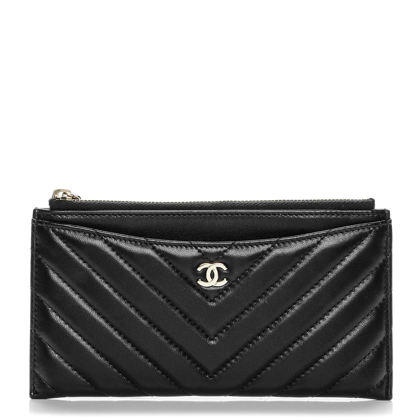 Calfskin Chevron Quilted Classic Zip Pouch Black