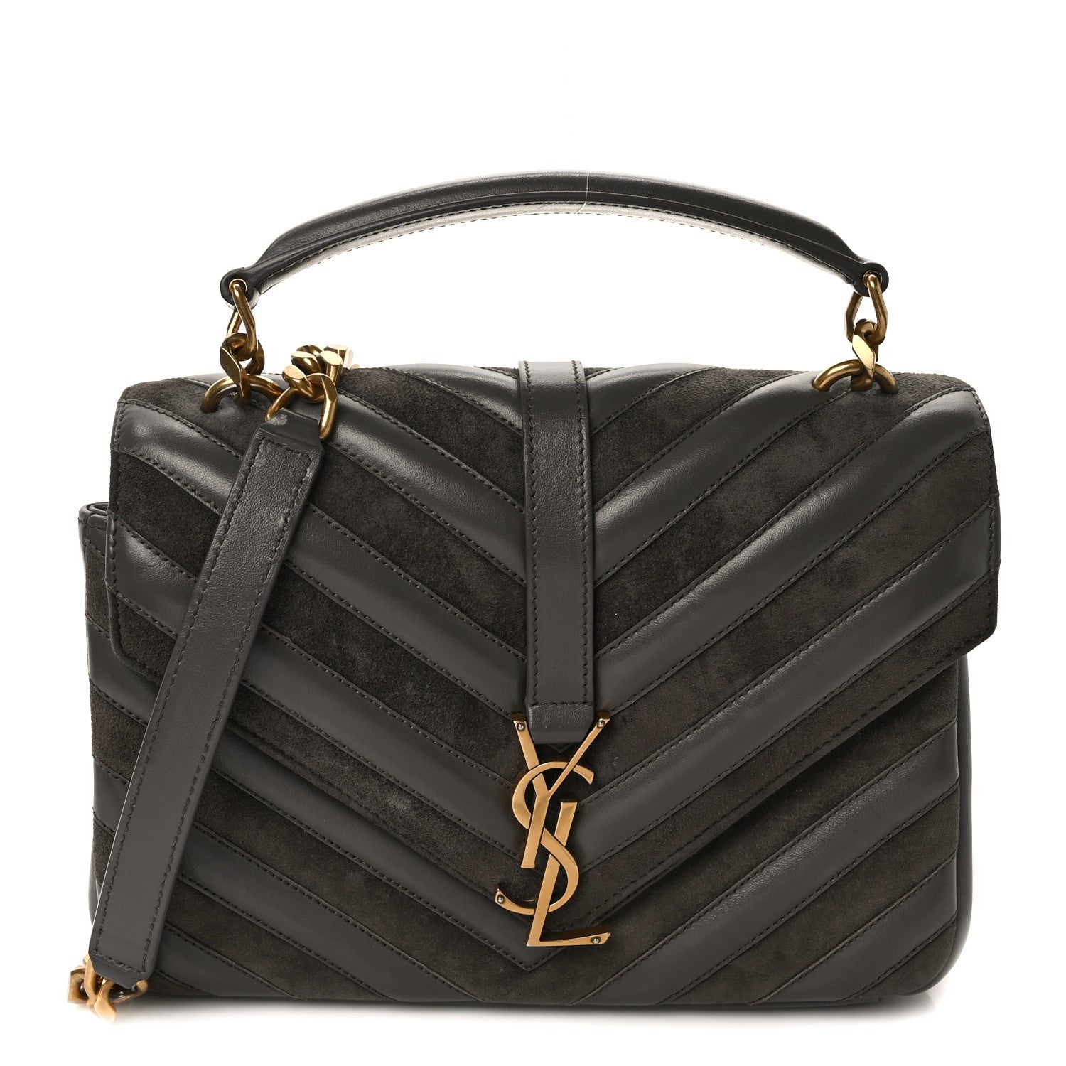 Saint Laurent Calfskin Suede Matelasse Chevron Medium Monogram College Bag Earth 1 of 9
