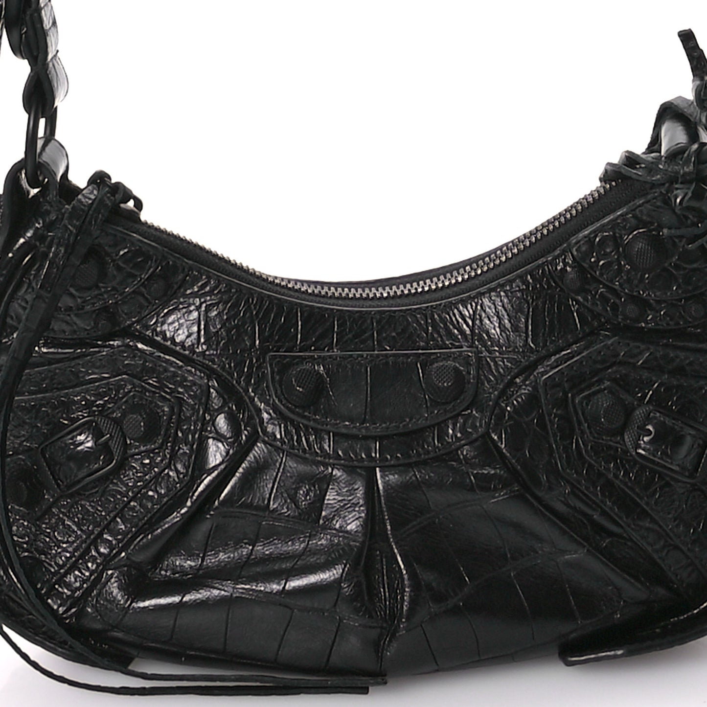 Extra Supple Calfskin Crocodile Embossed Monochrome Le Cagole Shoulder Bag XS Black