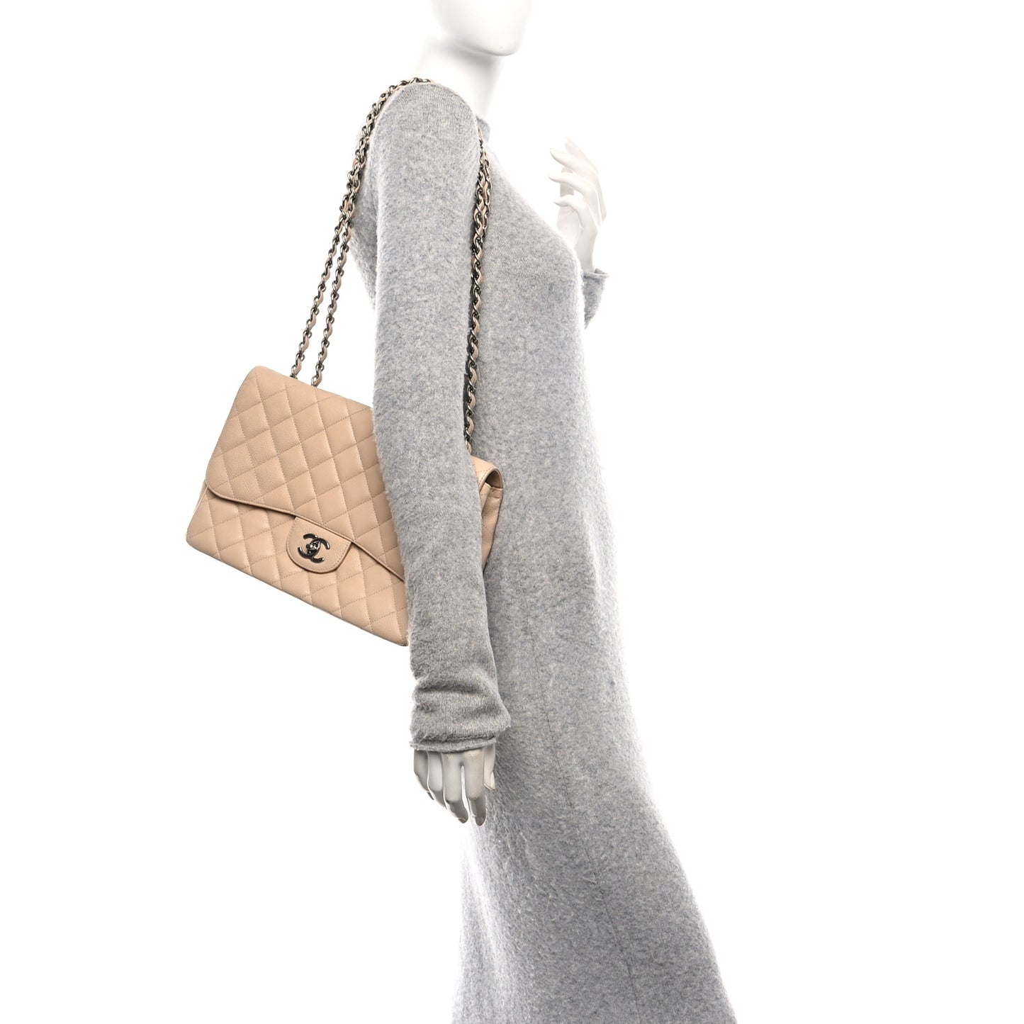 Caviar Quilted Jumbo Single Flap Beige Clair