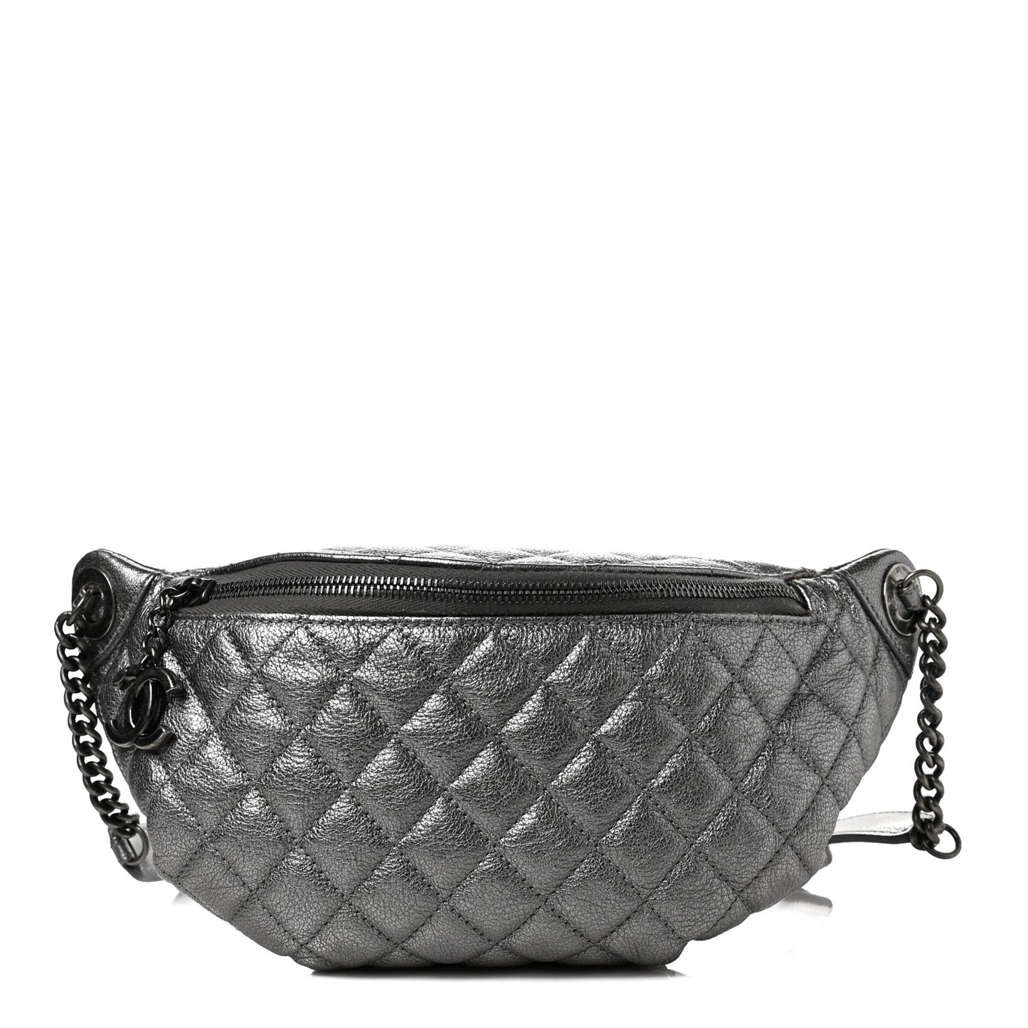 Metallic Calfskin Quilted Banane Waist Bag Fanny Pack Silver