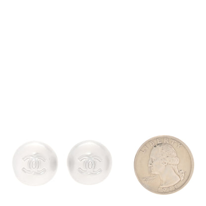 Chanel Resin Metal CC Stud Earrings Silver Pearly White 2 of 5