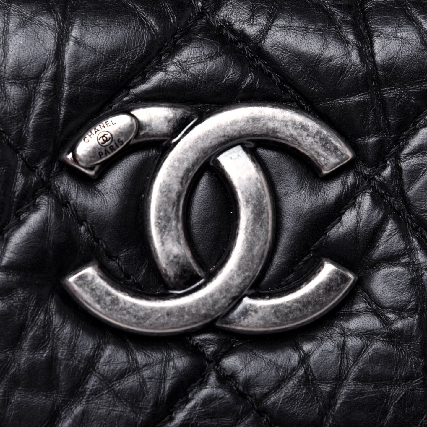 Aged Calfskin Quilted Large Secret Tag Bowling Bag Black